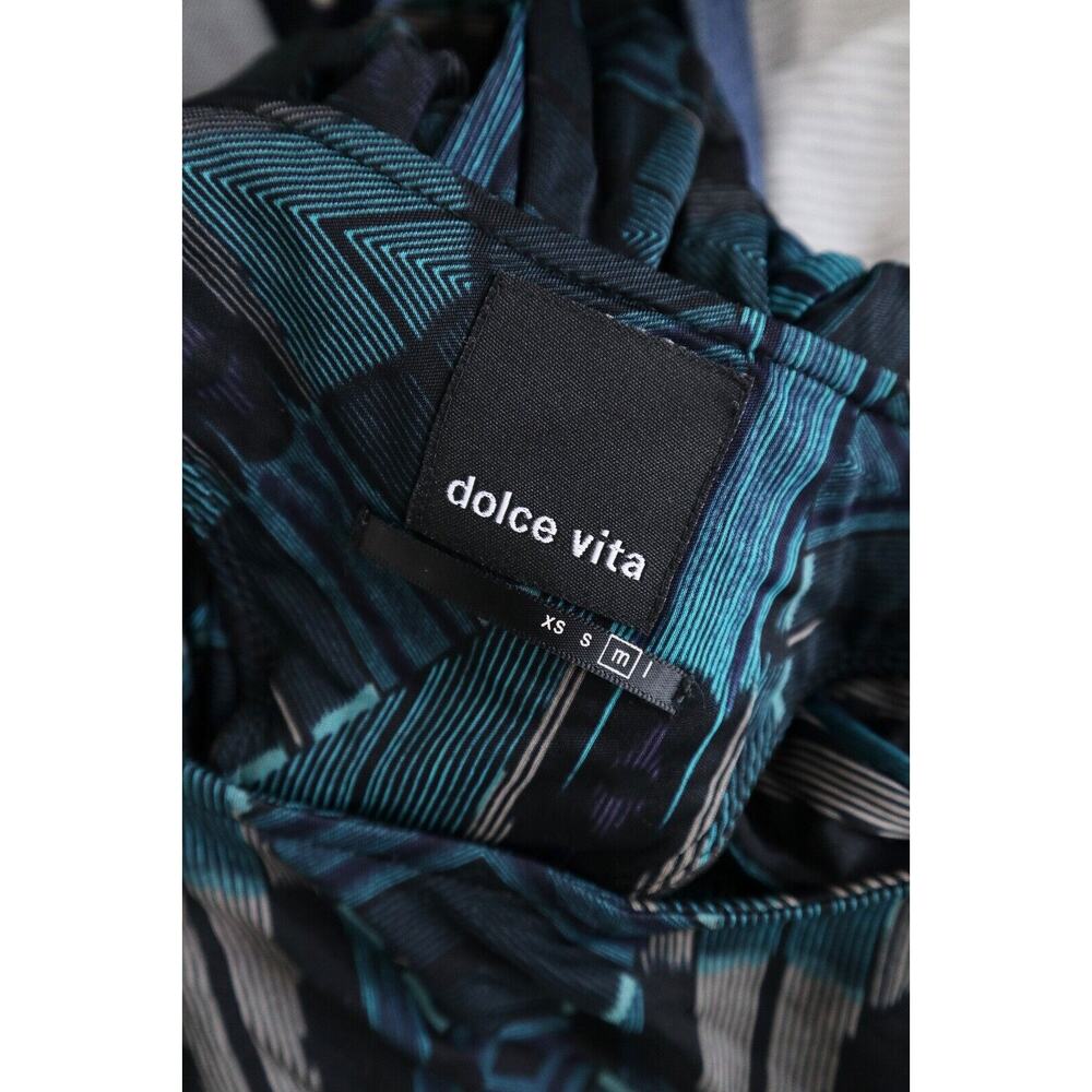 Dolce Vita Size M Geometric Print Dress Leather Cutout Back Ruched Teal Blue - Picture 12 of 13